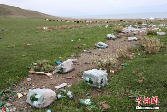 新疆赛里木湖边牛羊成群 游客丢下成堆垃圾大煞风景