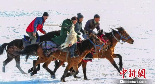 新疆伊犁牧民雪山下上演踏雪“刁羊”